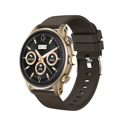 future tech gadgets Canada. smart tech store Canada. Techtron FAMO63 Fashion Smart Watch. Gallery image 3. The smartwatch is positioned at a slight angle, showcasing its round face and gold-tone bezel against a black background. The watch features a dark brown silicone strap with multiple adjustment holes, secured with a silver buckle.