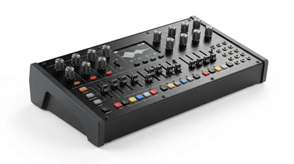 future tech gadgets Canada. smart tech store Canada. ThundeRobot R16 i9 Gaming Laptop. Gallery image 5. The product is a black audio mixer positioned at a slight angle, showcasing its top surface. The mixer features a variety of silver knobs and sliders, with a small screen displaying a waveform graphic. Below the screen, there are several colorful buttons in red, blue, yellow, and green.