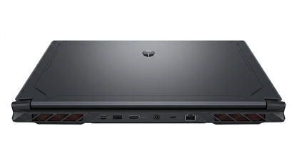future tech gadgets Canada. smart tech store Canada. ThundeRobot R16 i9 Gaming Laptop. Gallery image 6. The image shows the back view of a sleek, black gaming laptop, centered in the frame against a seamless white background. The laptop features a matte finish with angular design elements and a prominent logo at the center. Various ports are visible, including USB, HDMI, audio, and Ethernet, along with ventilation grilles on either side.