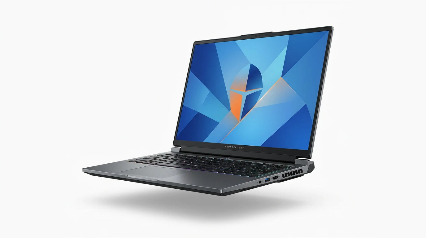future tech gadgets Canada. smart tech store Canada. ThundeRobot R16 i9 Gaming Laptop. Gallery image 7. The laptop is angled slightly to the right, showcasing its sleek design and illuminated keyboard. It features a dark gray body with a matte finish, and the screen displays a vibrant geometric background in shades of blue and orange. The laptop appears to be floating against a seamless white background, emphasizing its modern aesthetic.