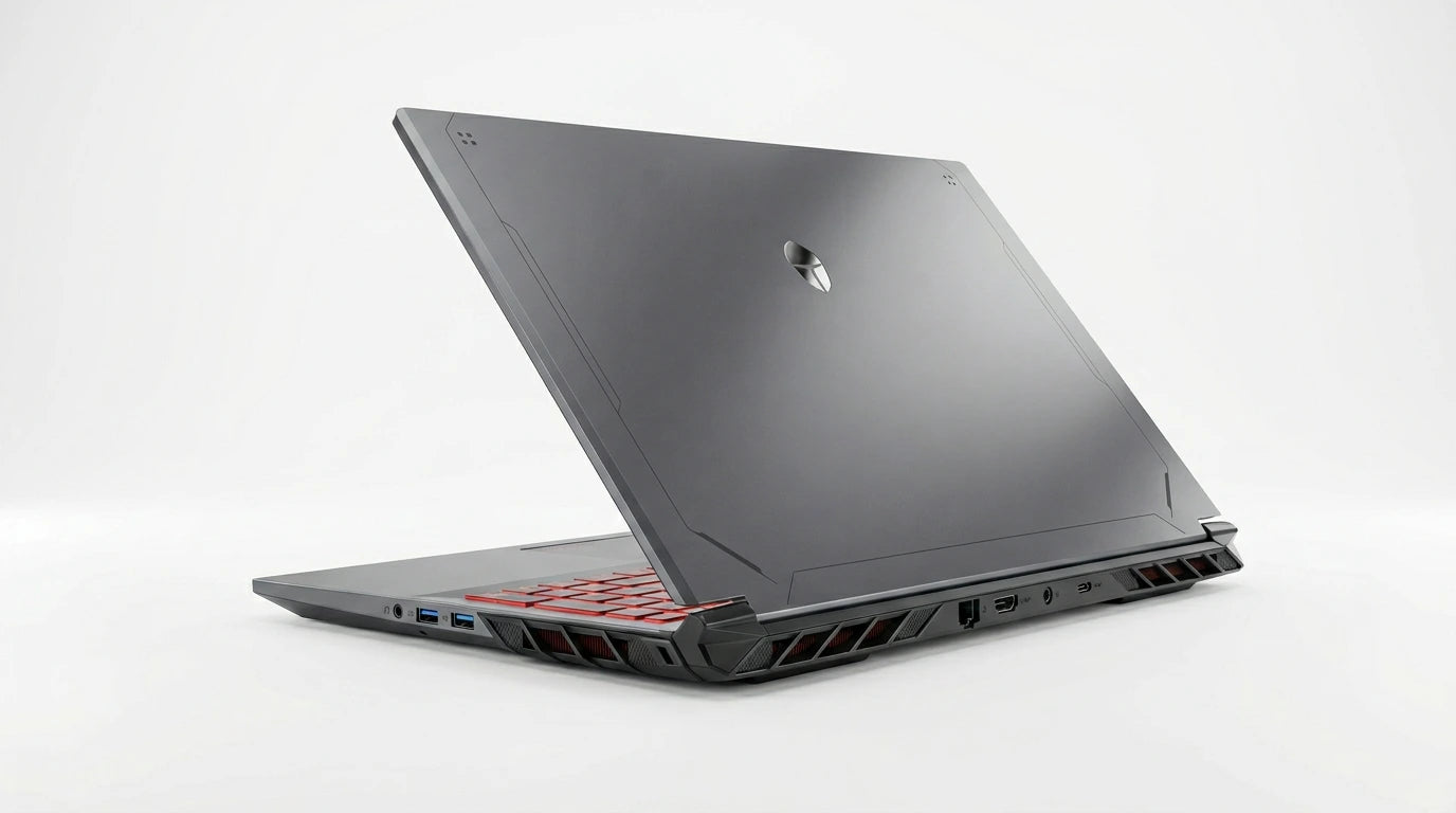 future tech gadgets Canada. smart tech store Canada. ThundeRobot R16 i9 Gaming Laptop. Gallery image 8. The laptop is positioned at an angle, showcasing its sleek, matte gray exterior and distinctive design elements. The back is slightly raised, revealing a vibrant red keyboard and ventilation grilles along the bottom edge. The background is a seamless white, enhancing the product's modern aesthetic.