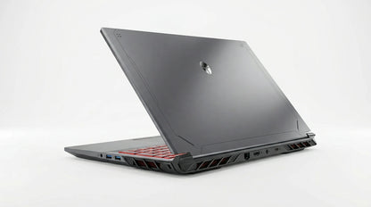 future tech gadgets Canada. smart tech store Canada. ThundeRobot R16 i9 Gaming Laptop. Gallery image 8. The laptop is positioned at an angle, showcasing its sleek, matte gray exterior and distinctive design elements. The back is slightly raised, revealing a vibrant red keyboard and ventilation grilles along the bottom edge. The background is a seamless white, enhancing the product's modern aesthetic.