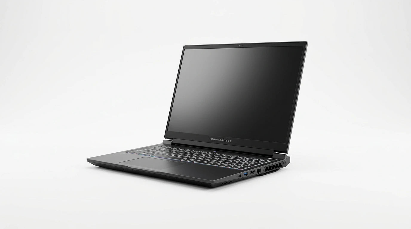future tech gadgets Canada. smart tech store Canada. ThundeRobot R16 i9 Gaming Laptop. Gallery image 10. The laptop is positioned at a slight angle, showcasing its left side and keyboard. It has a sleek, matte black finish with a smooth surface. The keyboard features backlit keys with a subtle rainbow effect, although the screen is turned off and appears black. The background is a seamless white, enhancing the laptop's design.