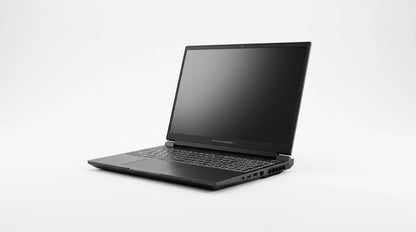 future tech gadgets Canada. smart tech store Canada. ThundeRobot R16 i9 Gaming Laptop. Gallery image 10. The laptop is positioned at a slight angle, showcasing its left side and keyboard. It has a sleek, matte black finish with a smooth surface. The keyboard features backlit keys with a subtle rainbow effect, although the screen is turned off and appears black. The background is a seamless white, enhancing the laptop's design.