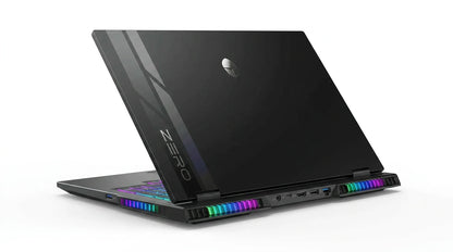 future tech gadgets Canada. smart tech store Canada. ThundeRobot ZERO16 Pro U7255HX57TE1Q360ARB Gaming Laptop. Gallery image 6. The laptop is positioned at an angle, showcasing its sleek, black exterior with a glossy finish. The back features a prominent logo and the word "ZERO" in a bold font, both in a reflective silver. Colorful LED lights illuminate the edges, transitioning through shades of blue, green, and purple.