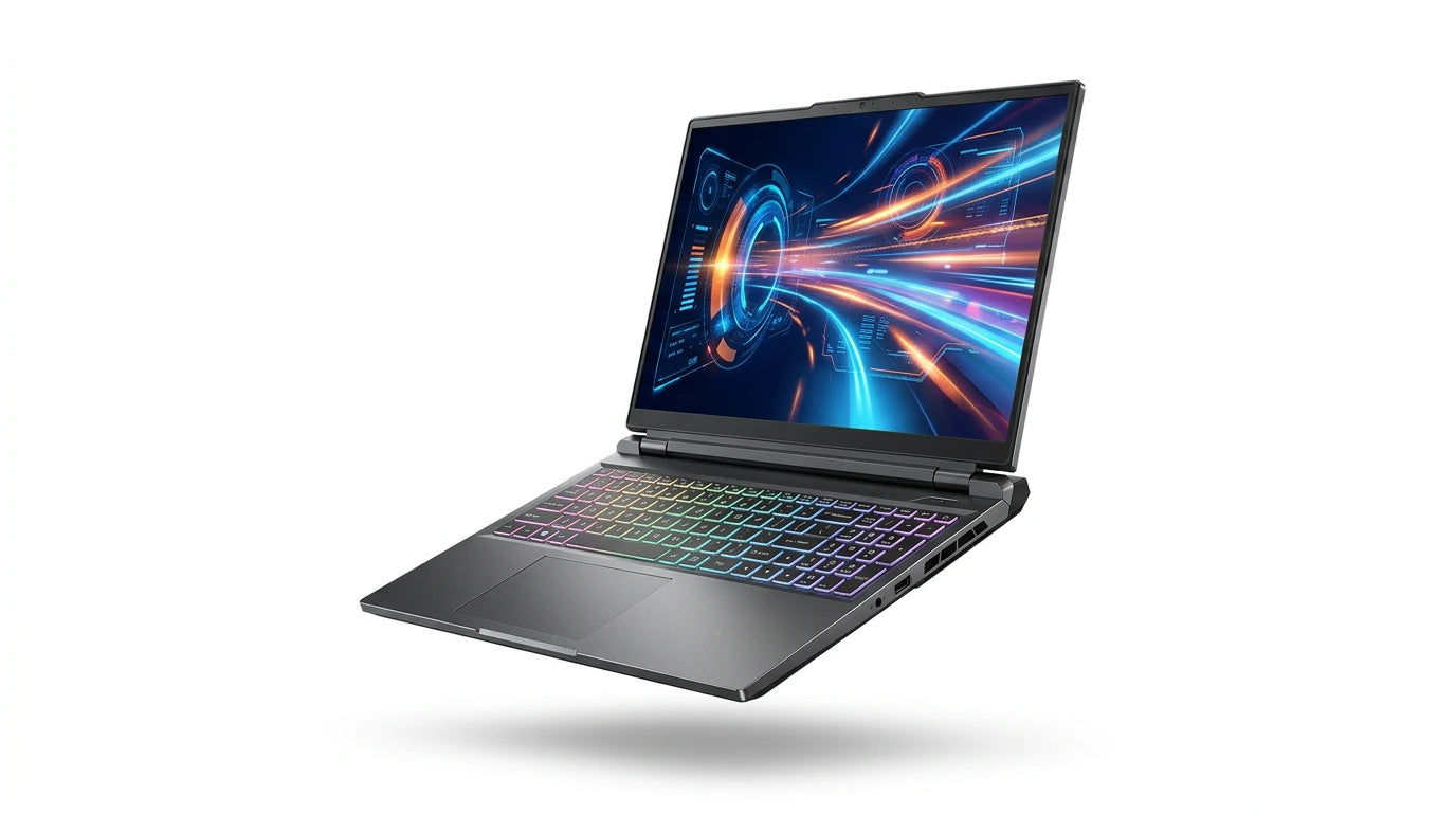 future tech gadgets Canada. smart tech store Canada. ThundeRobot ZERO16 Pro U7255HX57TE1Q360ARB Gaming Laptop. Gallery image 7. The laptop is angled slightly to the right, showcasing its sleek design and vibrant RGB backlit keyboard, which features a gradient of colors. The screen displays a dynamic, futuristic graphic with bright blue and orange lines, suggesting speed and technology. The background is a seamless white, emphasizing the product.