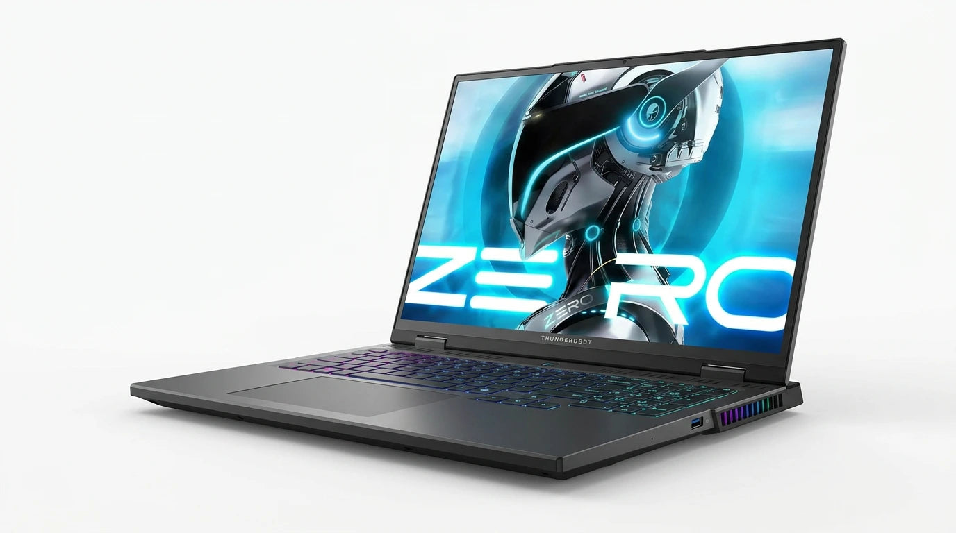 future tech gadgets Canada. smart tech store Canada. ThundeRobot ZERO16 Pro U7255HX57TE1Q360ARB Gaming Laptop. Gallery image 8. The laptop is positioned at a slight angle, showcasing its sleek design against a seamless white background. The screen displays a vibrant graphic featuring a futuristic robot with blue and black tones, prominently featuring the word "ZERO" in bold, glowing letters. The keyboard has a backlight with a gradient of colors, adding a dynamic touch.