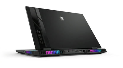 future tech gadgets Canada. smart tech store Canada. ThundeRobot ZERO16 Pro U9 Gaming Laptop. Gallery image 6. The laptop is positioned at a slight angle, showcasing its sleek, glossy black exterior and a prominent logo on the back. The edges feature colorful LED lighting that transitions from purple to blue, adding a modern touch. The bottom edge displays various ports, including USB and HDMI, clearly visible against the dark surface.