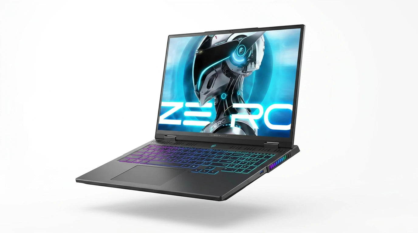 future tech gadgets Canada. smart tech store Canada. ThundeRobot ZERO16 Pro U9 Gaming Laptop. Gallery image 7. The laptop is angled slightly to the right, showcasing its sleek design and vibrant RGB keyboard lighting, which transitions from purple to teal. The screen displays a futuristic graphic of a robotic figure, with the word "ZERO" prominently featured in bold white letters. The background is a seamless white, enhancing the laptop's modern aesthetic.