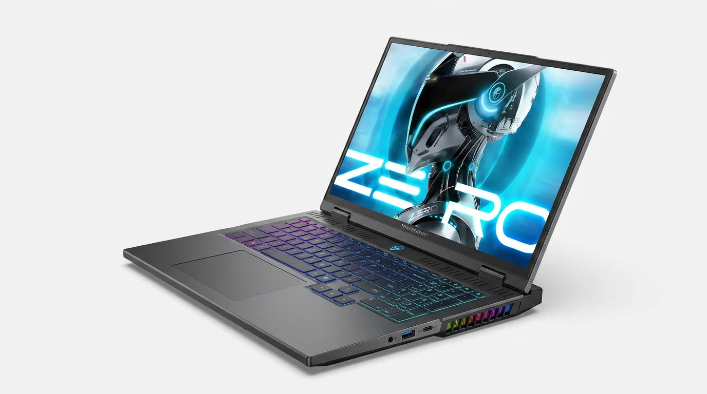 future tech gadgets Canada. smart tech store Canada. ThundeRobot ZERO16 Pro U9 Gaming Laptop. Gallery image 8. The laptop is positioned at a slight angle, showcasing its sleek design and illuminated keyboard. The screen displays a vibrant graphic featuring a futuristic character and the word "ZERO" in bold, white letters against a blue background. The keyboard features a gradient of colors, transitioning from purple to blue, while the body has a matte black finish.