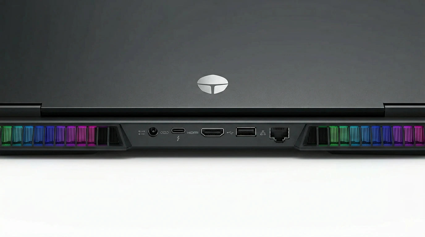 future tech gadgets Canada. smart tech store Canada. ThundeRobot ZERO16 Pro U9 Gaming Laptop. Gallery image 9. The image shows the side view of a sleek, black gaming laptop, centered in the frame against a white background. The laptop features a prominent logo at the top center and a series of colorful LED vents along the bottom edge, transitioning from green to blue to purple. Various ports are visible, including a headphone jack, USB-C, HDMI, USB-A, and an Ethernet port, all neatly arranged.