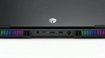future tech gadgets Canada. smart tech store Canada. ThundeRobot ZERO16 Pro U9 Gaming Laptop. Gallery image 9. The image shows the side view of a sleek, black gaming laptop, centered in the frame against a white background. The laptop features a prominent logo at the top center and a series of colorful LED vents along the bottom edge, transitioning from green to blue to purple. Various ports are visible, including a headphone jack, USB-C, HDMI, USB-A, and an Ethernet port, all neatly arranged.