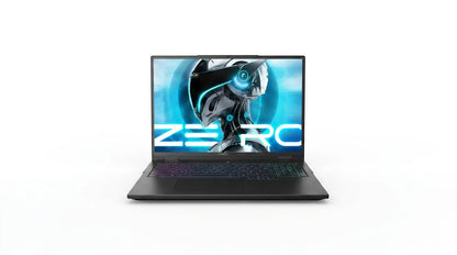 future tech gadgets Canada. smart tech store Canada. ThundeRobot ZERO16 Pro U9 Gaming Laptop. Gallery image 10. The laptop is centered in the frame, with its screen open and facing forward. The display features a vibrant graphic of a futuristic robot head with the word "ZERO" prominently displayed in bold, white letters. The laptop's body is sleek and matte black, while the keyboard is illuminated with a gradient of colors from purple to blue.