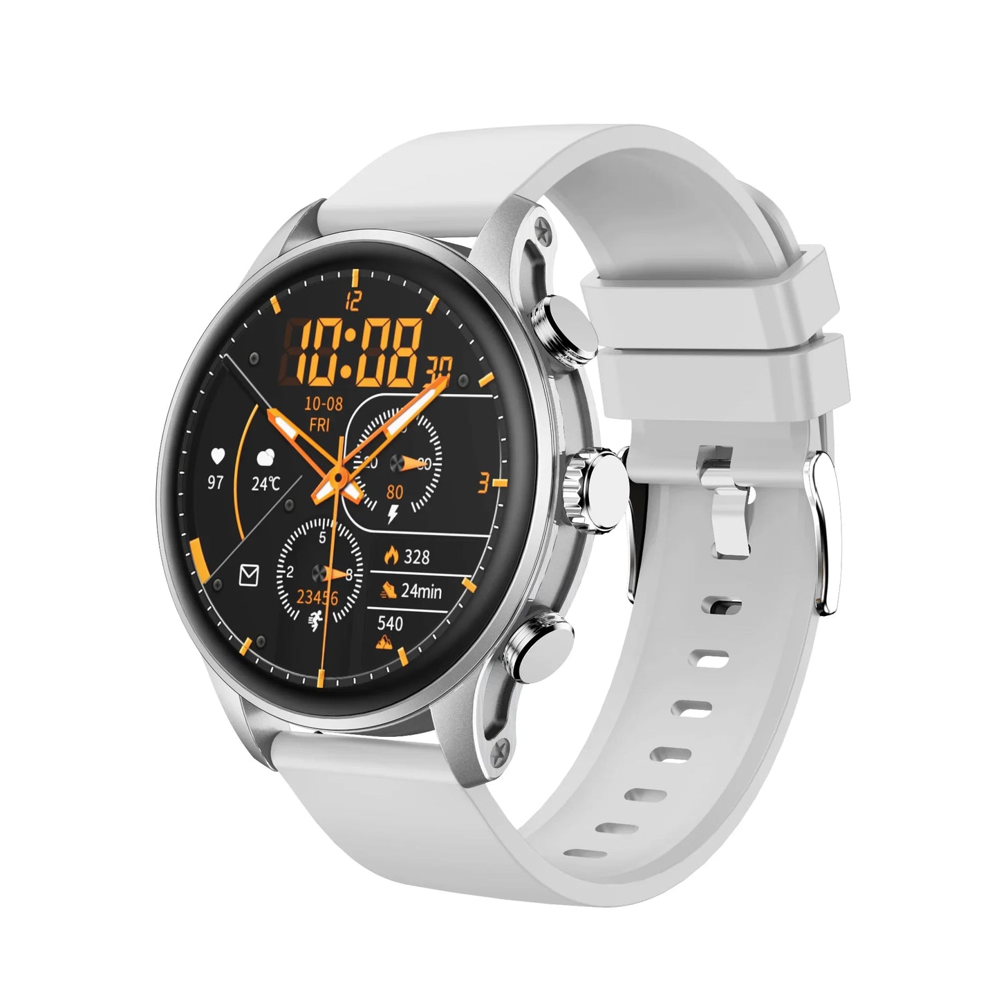 future tech gadgets Canada. smart tech store Canada. Techtron FAMO63 Fashion Smart Watch. Gallery image 2. The smartwatch is displayed at an angle, showcasing its round face and white silicone strap. The screen features a black background with vibrant orange accents, displaying the time, date, and various health metrics, including heart rate and temperature. Three buttons are visible on the right side of the watch, with a polished silver finish that contrasts with the matte strap.