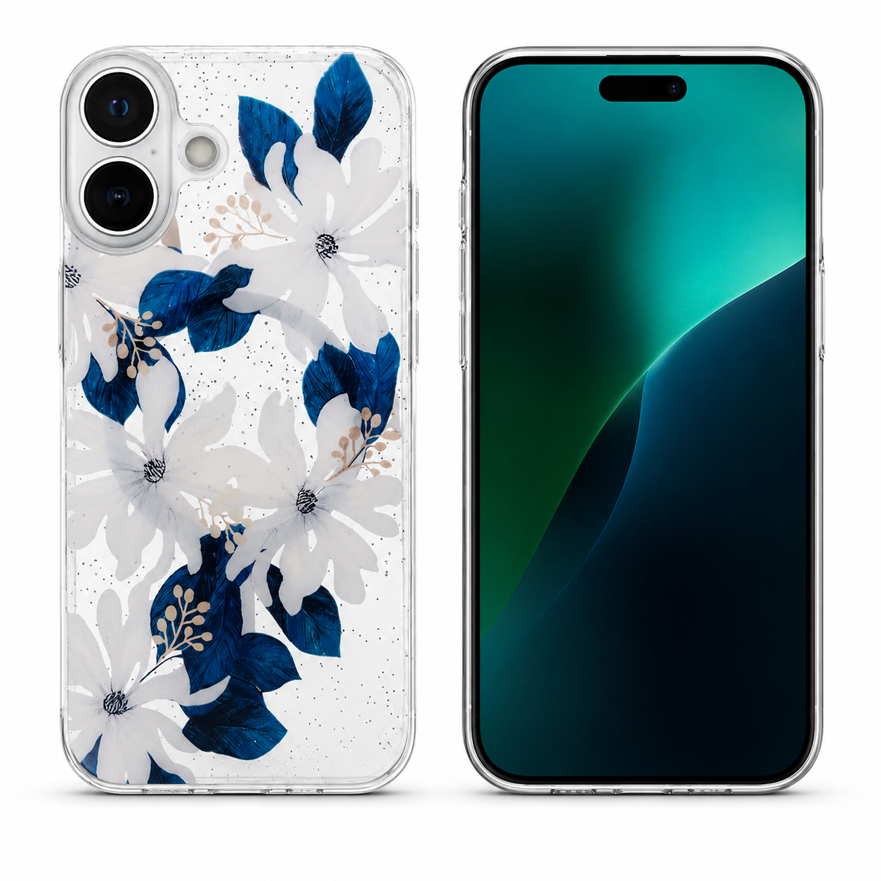 Blue White Flower MagSafe Case for Apple iPhone 16 with clear floral phone cover