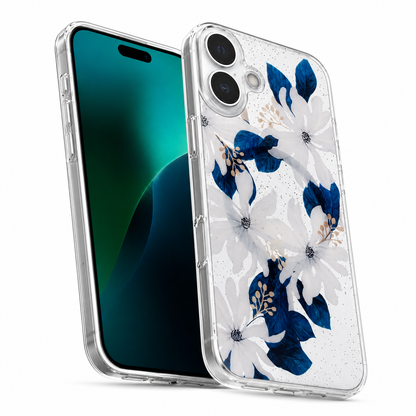 Premium Blue White Floral iPhone 16 Case with MagSafe compatibility and shockproof protection