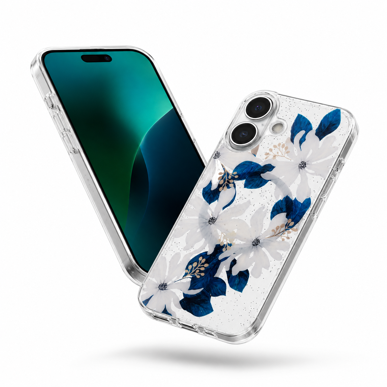 Durable Apple iPhone 16 Phone Cover with Blue White Floral Design, MagSafe, and drop protection