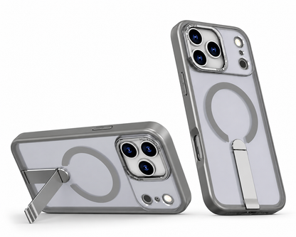 Shockproof Grey iPhone 17 Pro Max MagSafe Kickstand Case with Clear Back