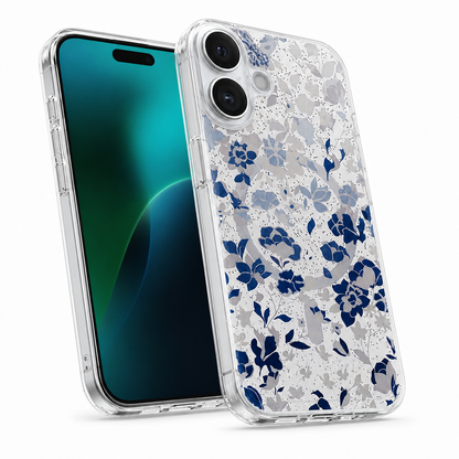 Durable Apple iPhone 16 Phone Cover with Blue Flowerbed floral design, MagSafe, and drop protection