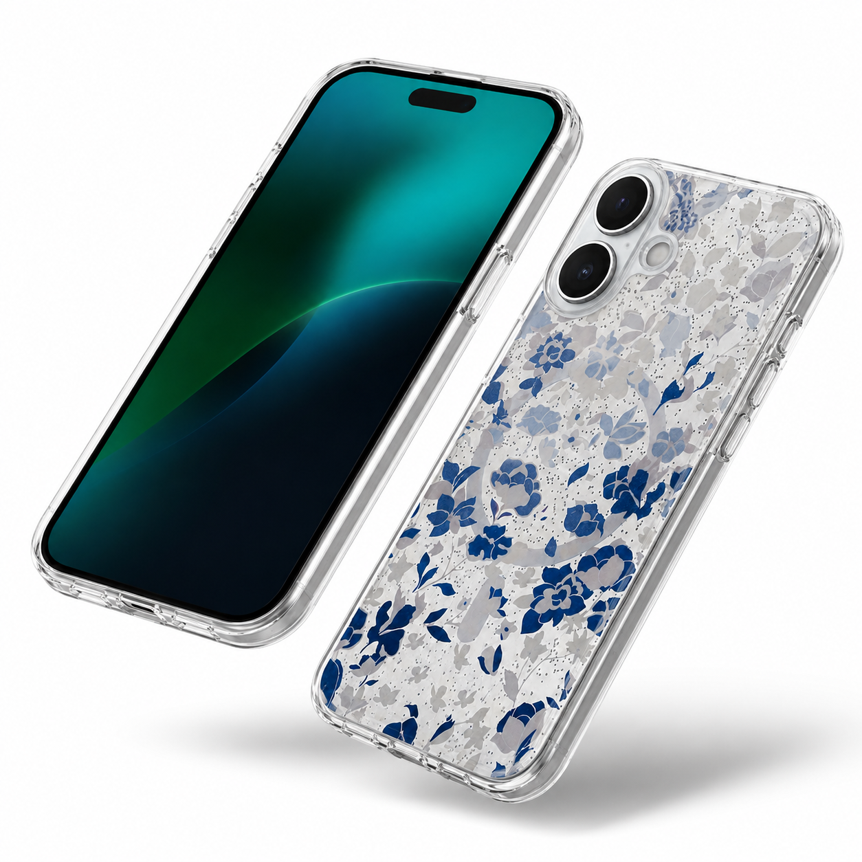 Luxury MagSafe Clear Phone Case with blue floral pattern for Apple iPhone 16