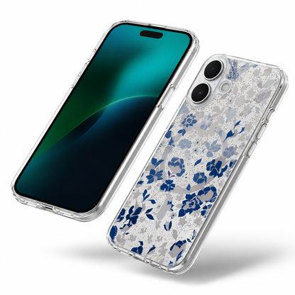 Luxury MagSafe Clear Phone Case with blue floral pattern for Apple iPhone 16