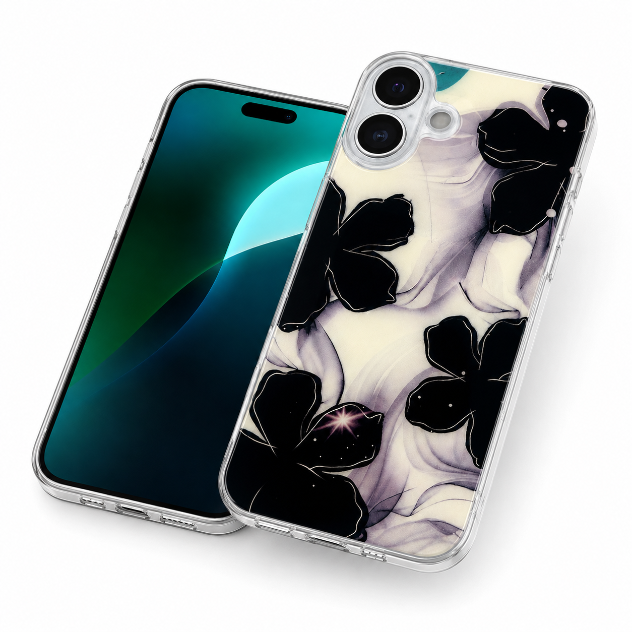 Stylish Black Floral Phone Case for Apple iPhone 16 with wireless charging compatibility