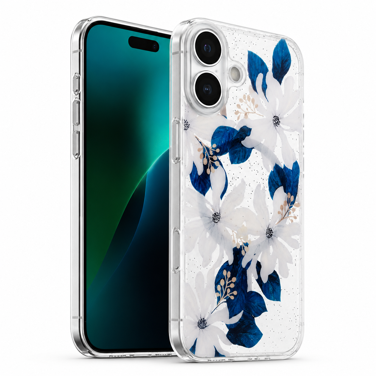 Luxury MagSafe Clear Protective Case with Blue White Flower artwork for Apple iPhone 16