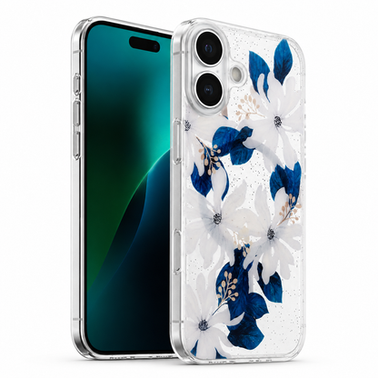 Luxury MagSafe Clear Protective Case with Blue White Flower artwork for Apple iPhone 16