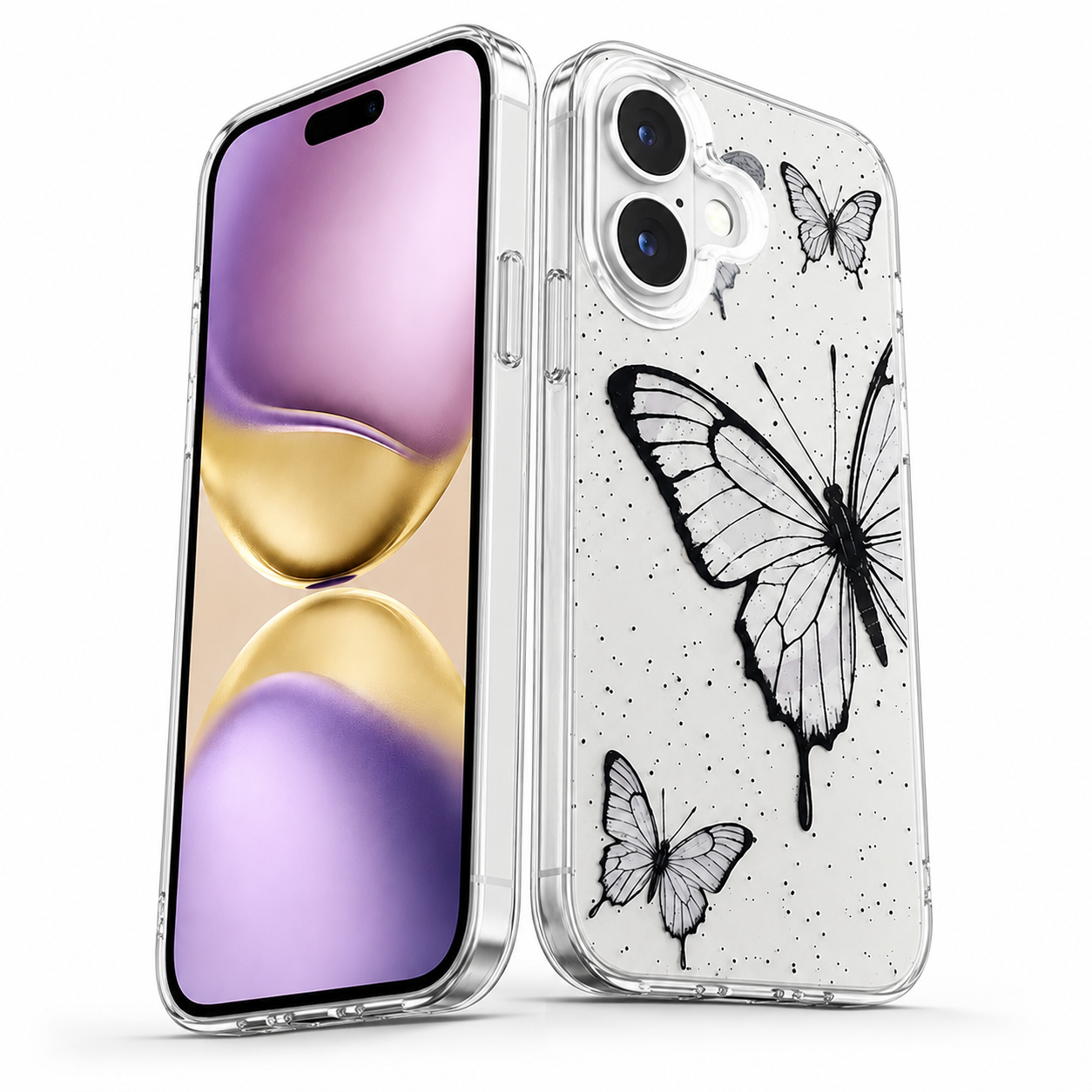 Black Butterfly Clear Case for Apple iPhone 16, Military Grade Phone Case, Wireless Charging Compatible Cover
