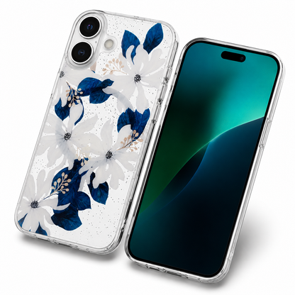 Stylish Apple iPhone 16 Floral Phone Case featuring blue and white flower design and clear back