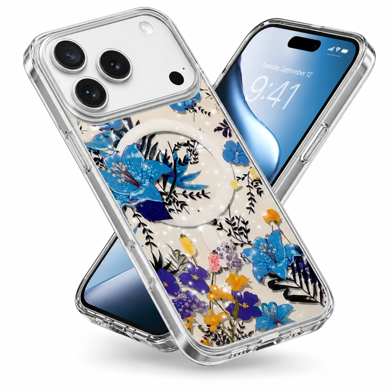 Shockproof Blue Floral Mobile Cover for Apple iPhone 17 Pro Max Durable MagSafe Case
