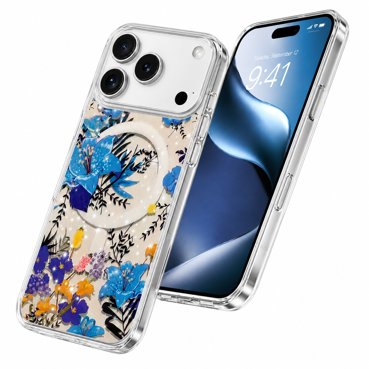 Luxury Blue Flowers iPhone 17 Pro Max Case Floral Protective Phone Cover with MagSafe Charging Support