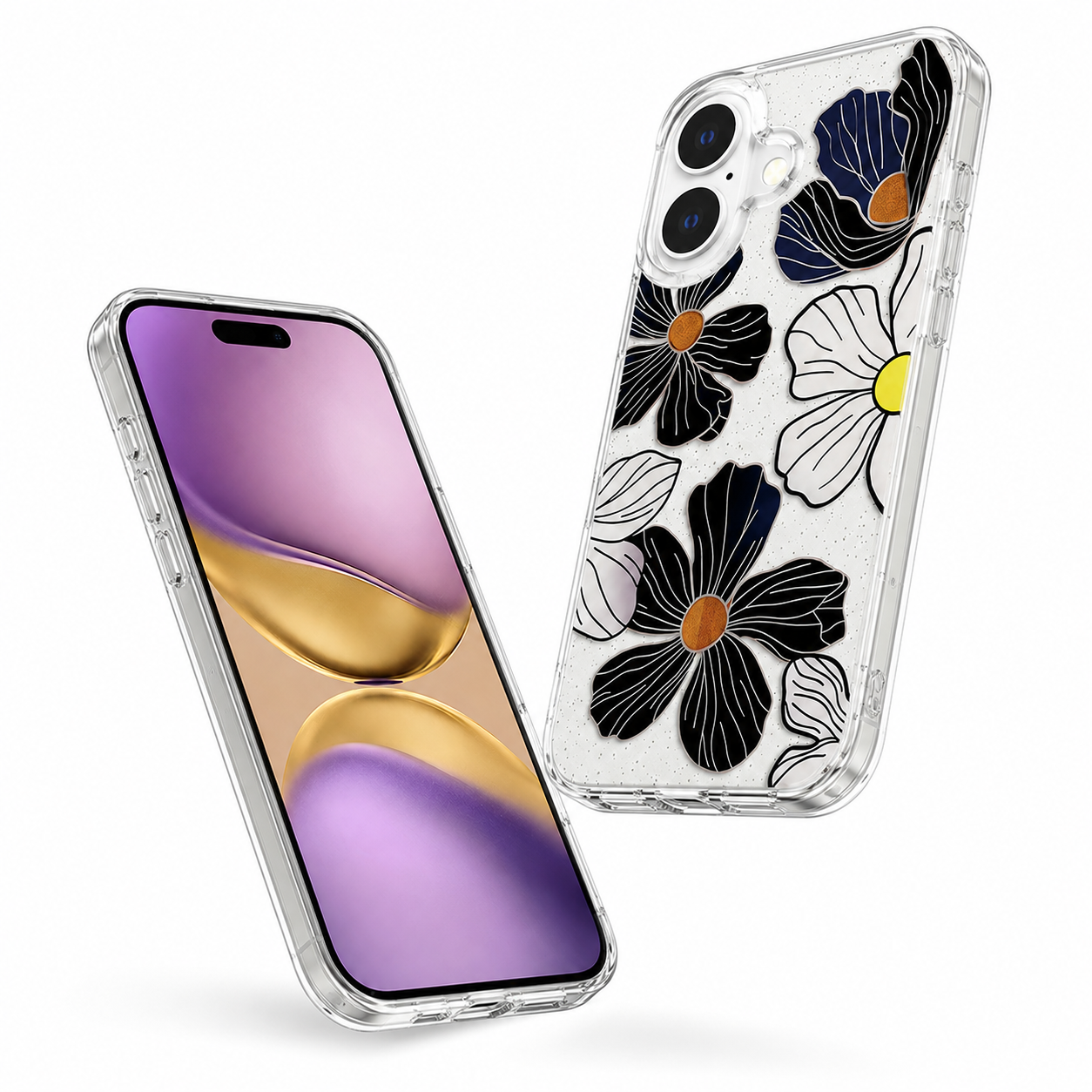 Durable Apple iPhone 16 Phone Cover with Black Floral Design, MagSafe, and drop protection