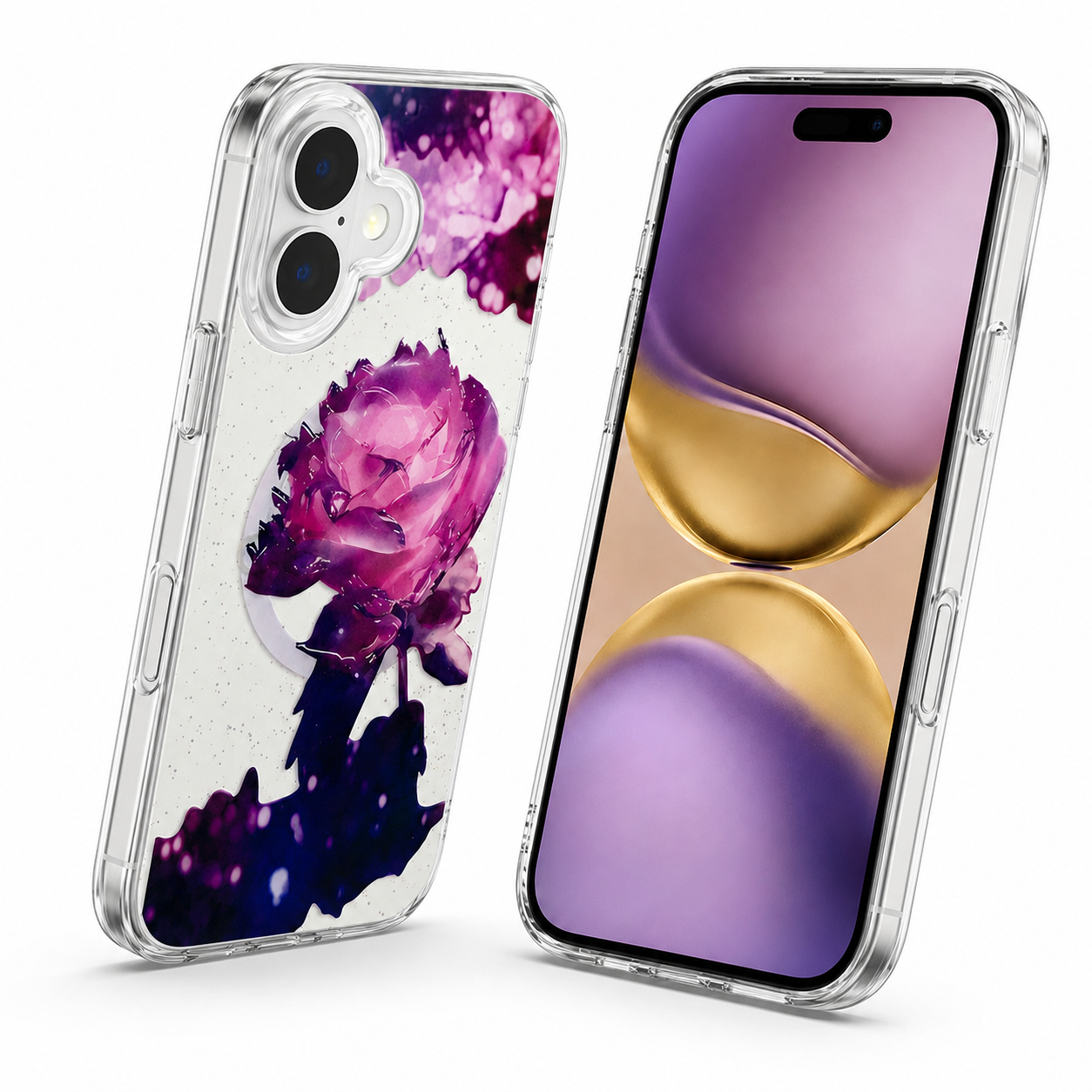 Premium Deep Purple Flower Phone Case Apple iPhone 16 Crystal Clear MagSafe Smartphone Cover