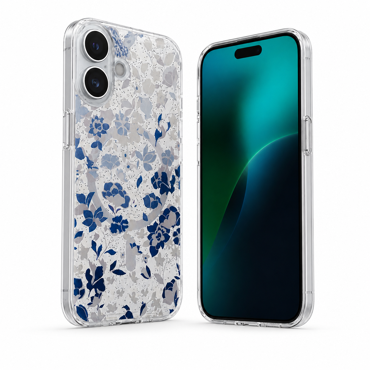 Premium Blue Floral iPhone 16 Case with MagSafe compatibility and clear protective design