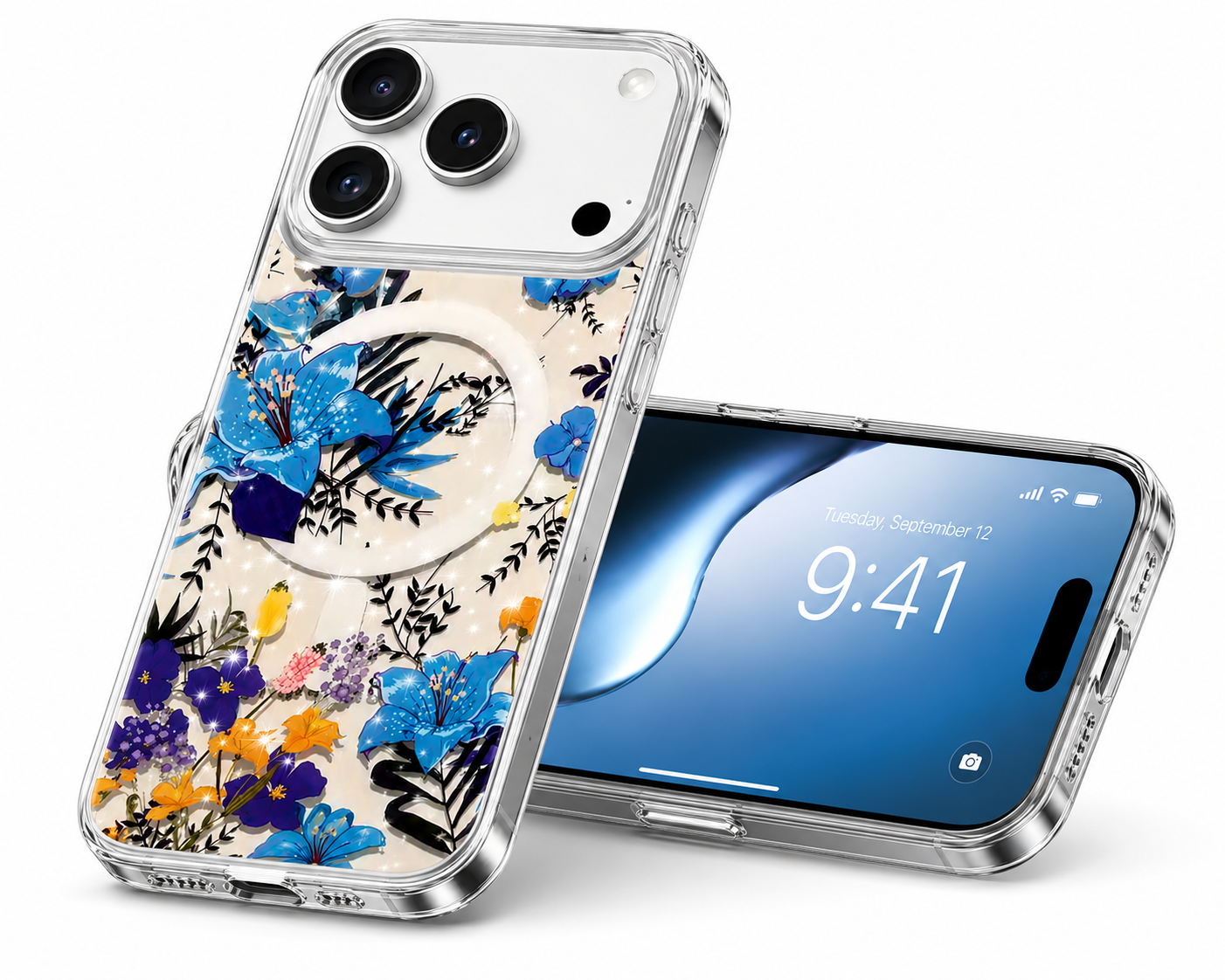 Premium Blue Flowers Protective Case for iPhone 17 Pro Max MagSafe Compatible Cell Phone Cover